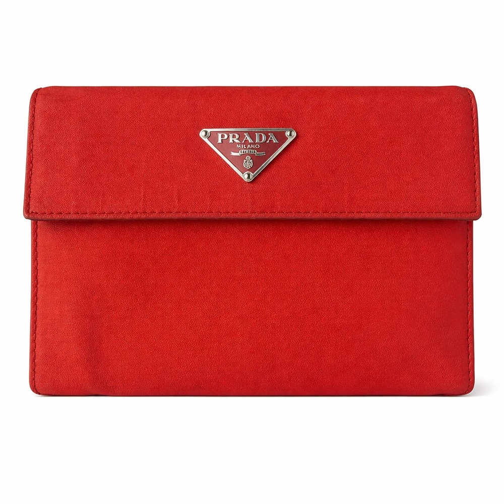 Prada Red Suede Envelope Clutch with Silver Triangle Log